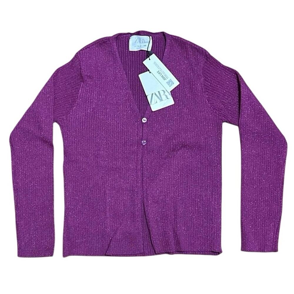 Zara NWT Sparkle Magenta Purple Buttoned Cardigan Sweater Metallic 11-12 Girls